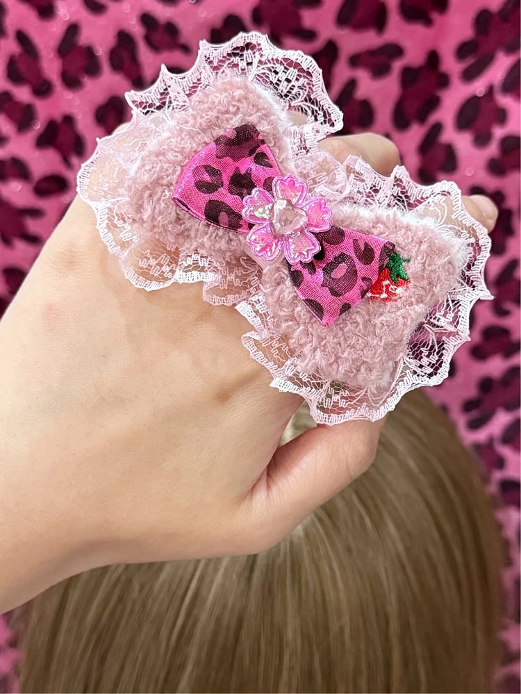 Ring Strawberry Hime - Print with Leopard Decor Bow Lace Gyaru Fluffy Pink Texture Sweet