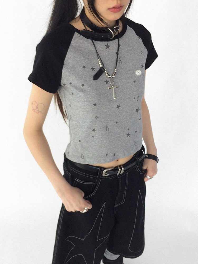 2-Color Colorblock Short Sleeve T-Shirt with Star and Teardrop Print - innomoood