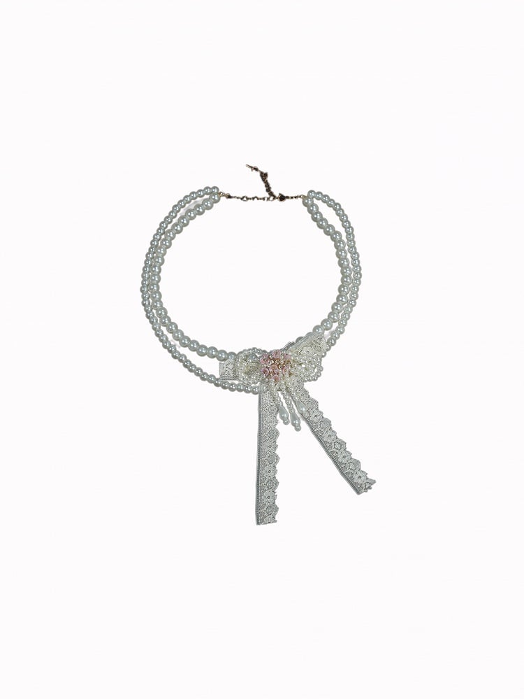 Necklace Beaded Bow White with Lace