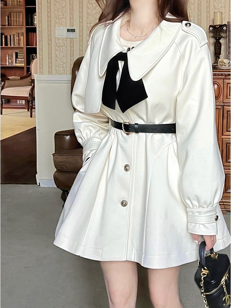 Apricot V-Neck Bow Design Coat with Belt Set - Qchiwawameme
