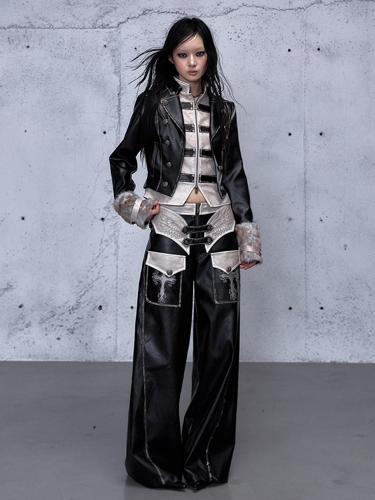 - Wide-leg Pants Punk Black Wing Embroidery