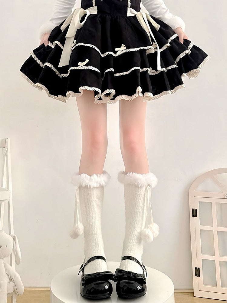 with Socks Fur White Trim Knit Calf Pom-Poms and