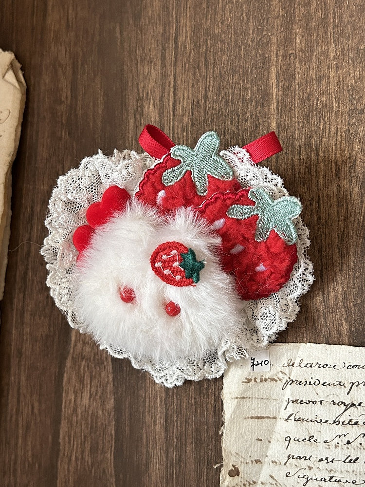 Lolita Brooch Strawberry White Bunny and Red Plush