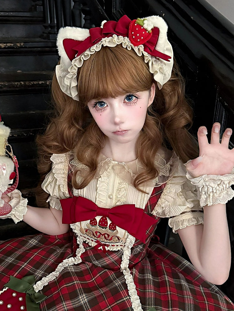 Hairband Strawberry Ear with Cat Adorable Plush Adorned Red