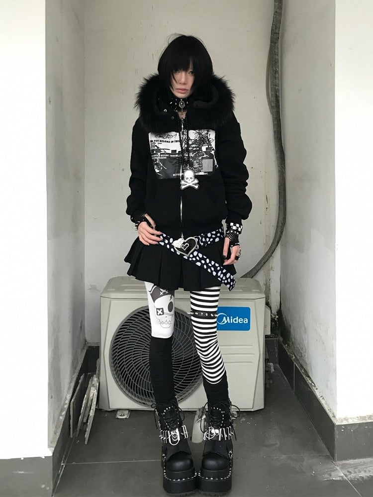 Hoodie Zip-up with Fur Black Print Y2K and Faux Graphic Trim