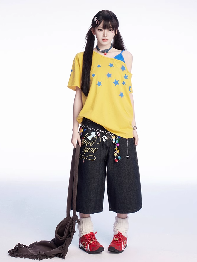 スターフェイクアシンメトリーTシャツ ブループリント ネックライン イエロー