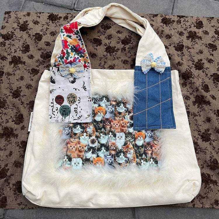 Y2K Aesthetic White Furry Shoulder Bag with Vintage Cat Patches
