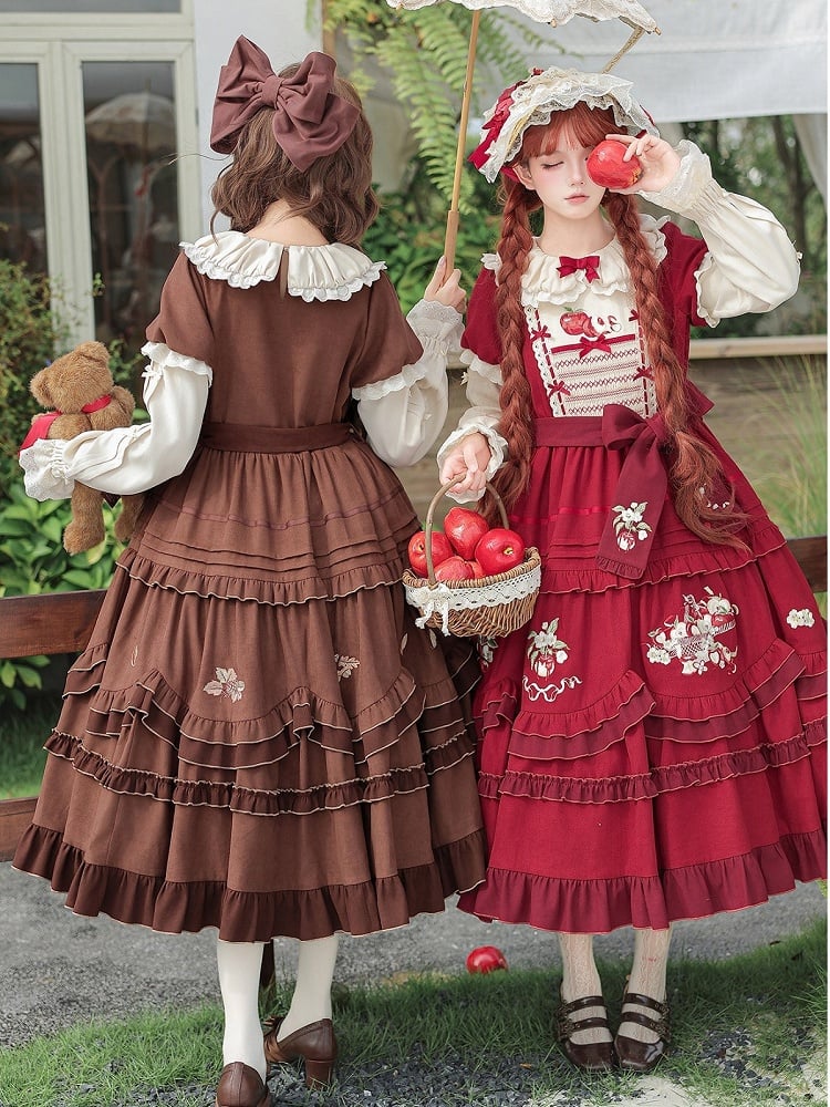 Wine Red Apple Embroidered OP Dress Set with Peter Pan Collar, Long Sleeves, Ruffle Trim, Belt, Brooch & Bow Hairclip - With PUJI