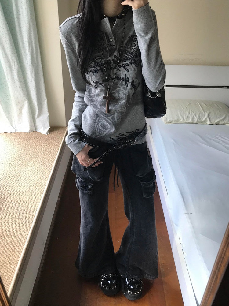 Neck Henley Top Print Tribal Letter Vintage Embroidery with Gray