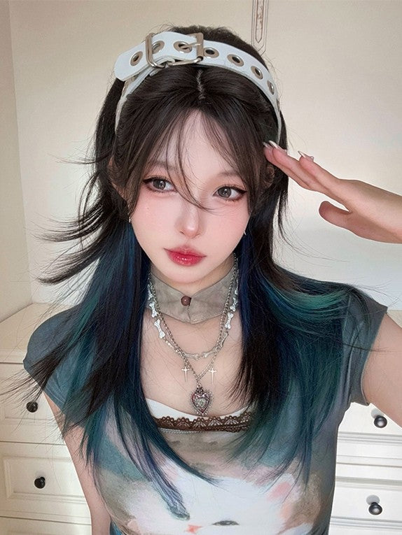 Pony Vorhang Perücke Büste gerade mit unter braun-grün Länge Ombre 63CM