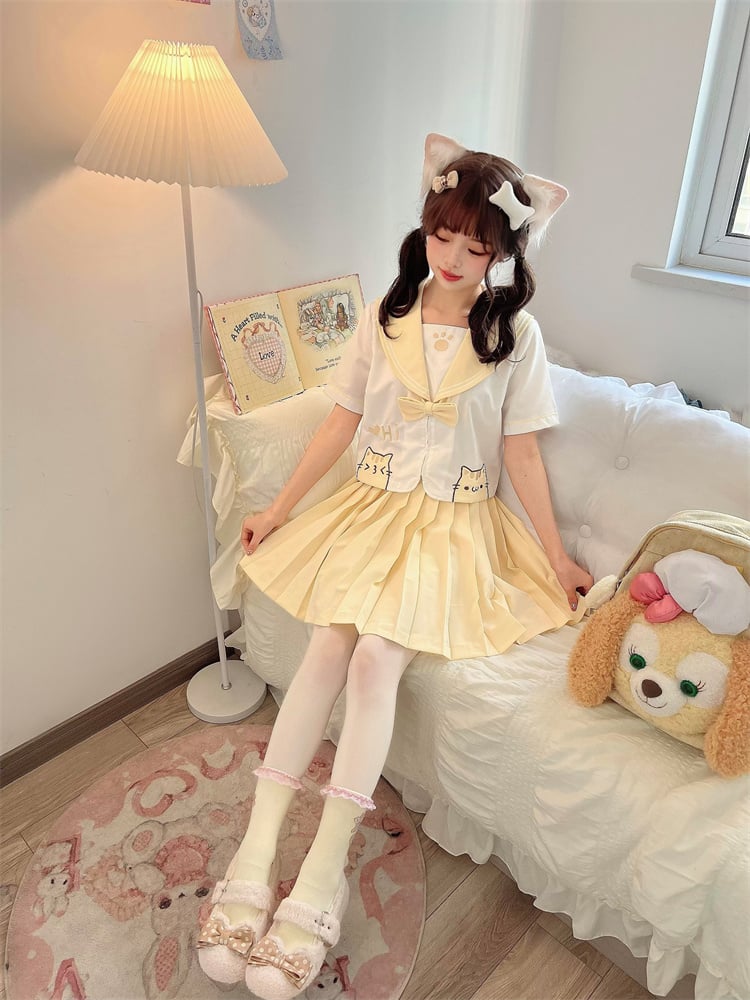 Yellow & White Sailor Collar Kitty Embroidery JK Uniform Top