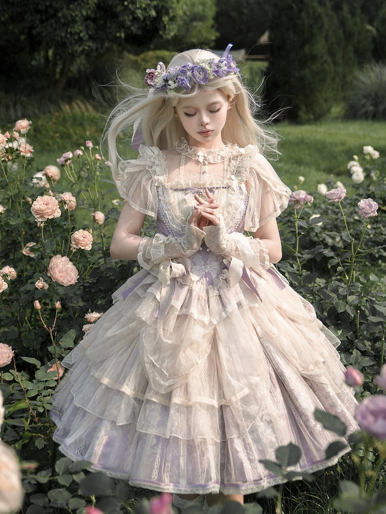 Balletcore Top Corset + Print Skirt Lolita Princess Purple Light Boned Floral