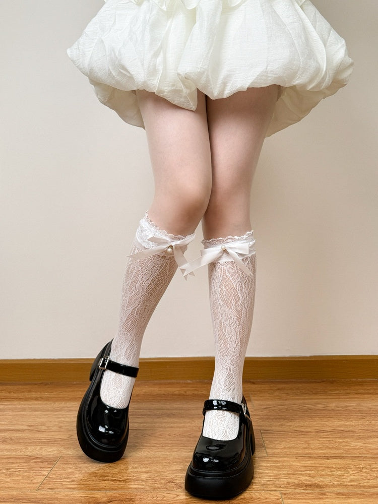 Lolita Lace Pattern Calf Socks in White, Black & Milk Yellow with Stretch Fit - Fat Bear Story