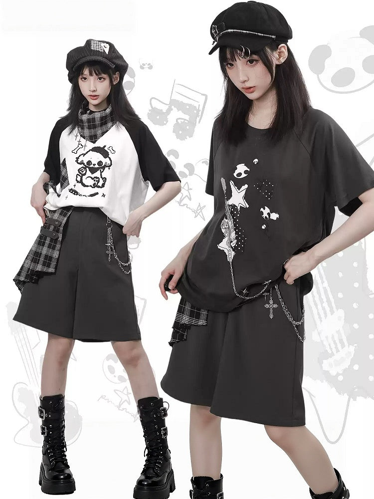 Black & White Puppy Print Raglan Tee with Plaid Neckerchief & Cross Charm Set - PINK SAVIOR
