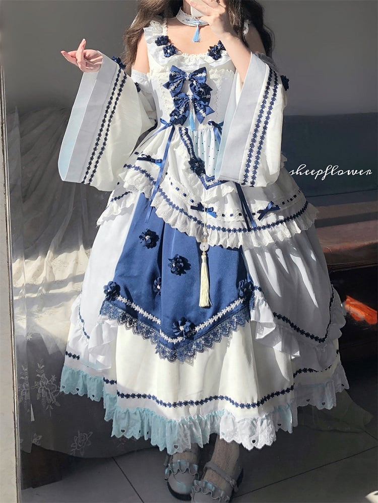 Flower Detachable Sleeves Bell White Accents Lolita Blue with