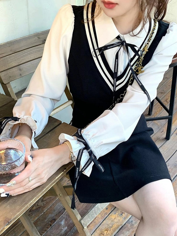 Black Fake Two Piece Polo Collar Dress with Bow - Qchiwawameme