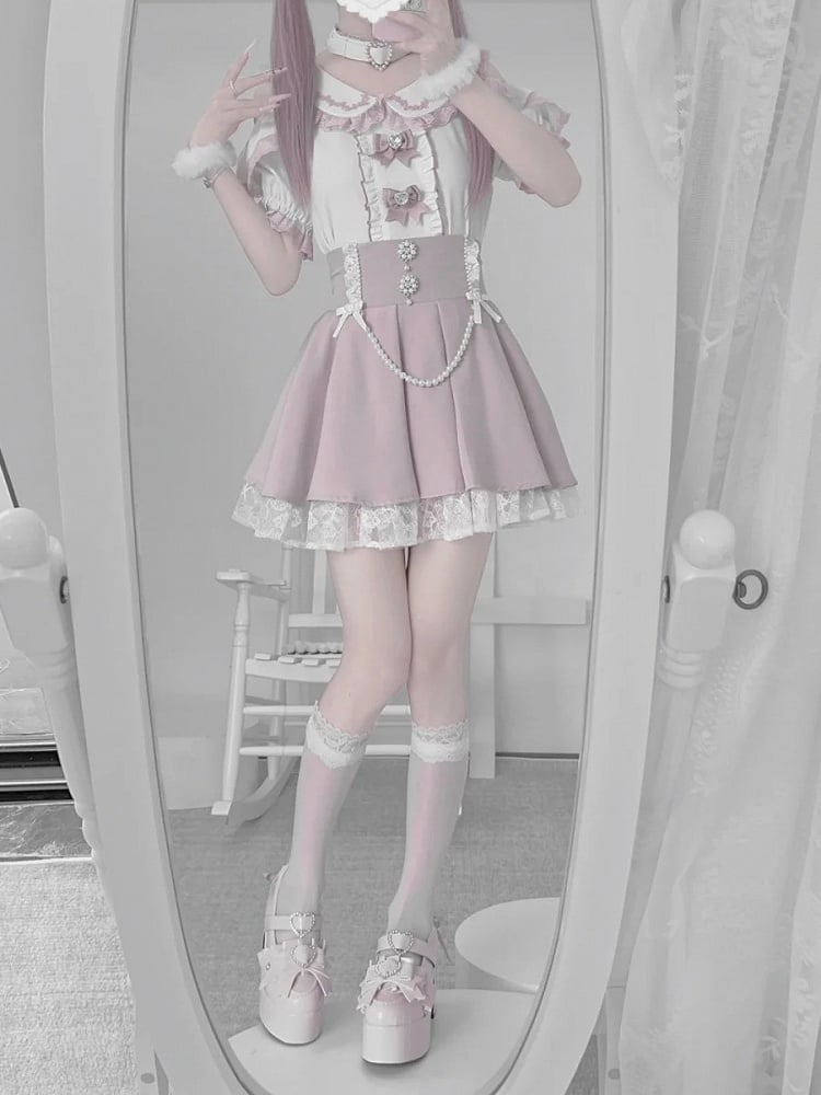 Chain Detachable Pink Skirt Round with Tiered Rhinestone Jirai and High Beaded Waist Kei Accents