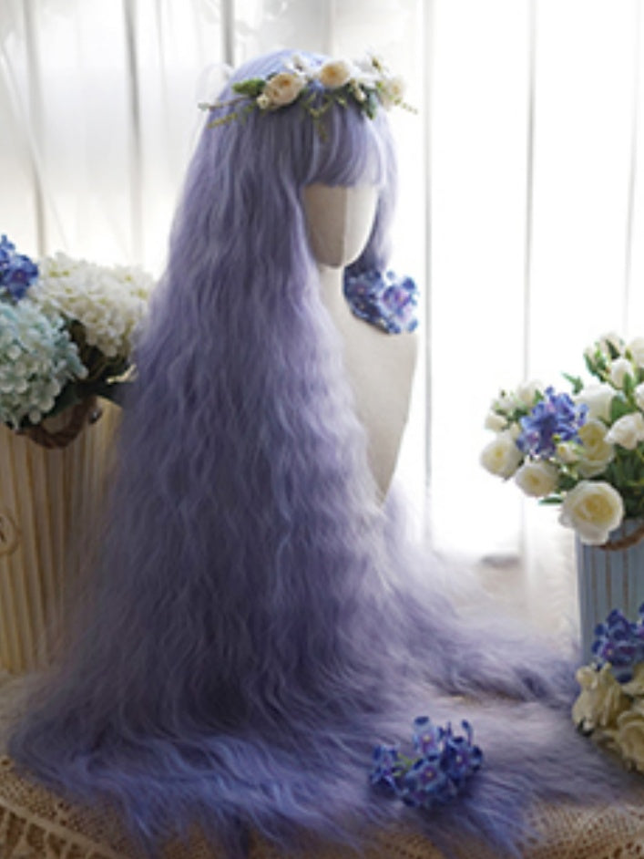 Purple Long Curly Wig With Full Bangs