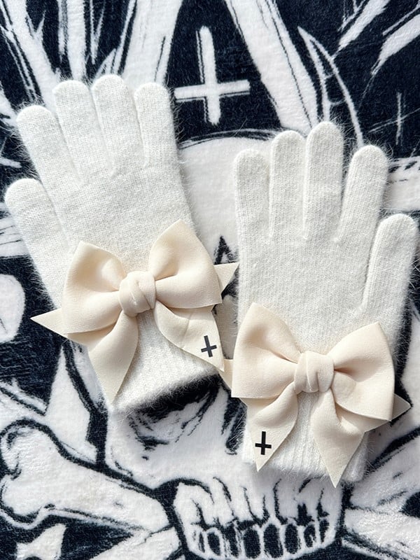 Details Cross Finger With Gothic Bowknot Print at Black Cutout Gloves White Pads