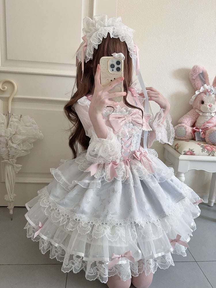 Jacquard Only Princess Dreamy Blue Train with Details JSK Ruffled Bow / Lace Dress Embossed + Lolita