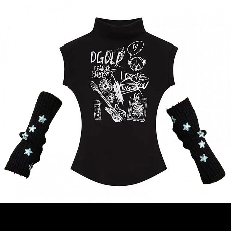 Y2K Schwarzes, Rundhals-Cartoon-Tanktop mit glamouröser, schmaler Passform