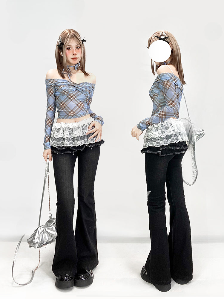 ブルーチェック柄ツイストディテールオフショルダーネックラインクロップドトップス