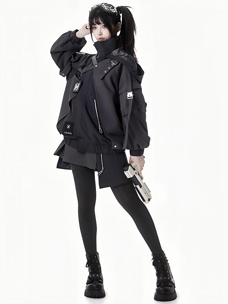 ブラックバックルストラップ、伸縮性のある袖口、ウエストフード付きジャケット、ショート/ロングバージョン