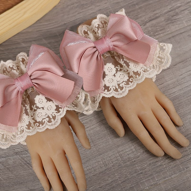 Lolita Cuffs Accents Classic Elegant Bow Satin Pink with Lace Wrist