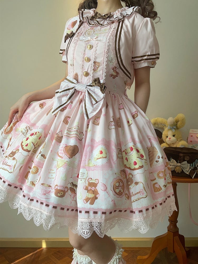 Zweiteiliges Thema Fake Desserts Bärenkleid Pink Lolita Sweet Print Design