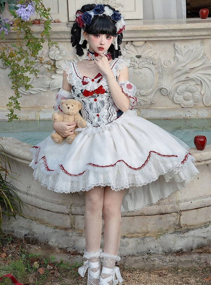Decorated Corset Snow Jacquard Skirt Lolita Vibes Bow Lace-Trimmed Sweet White Top Lace and + Blue