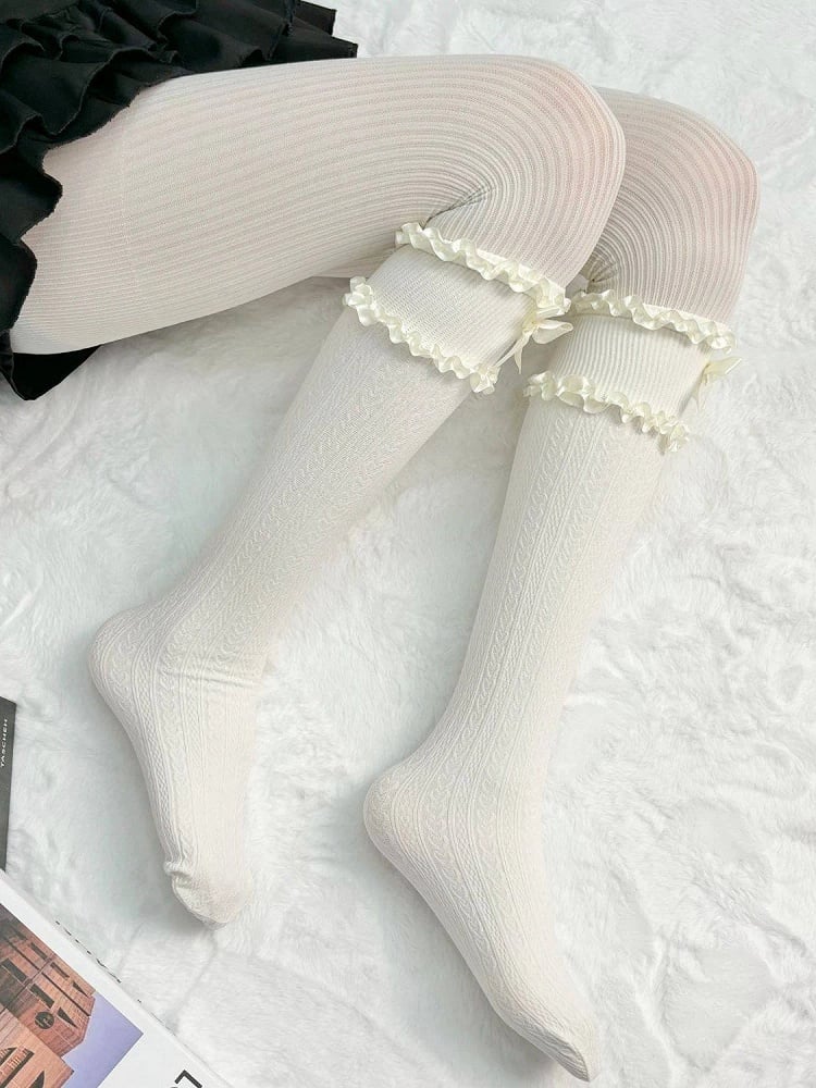 Bow Stockings Lolita Colors) Cable-Knit Style Ruffled (5