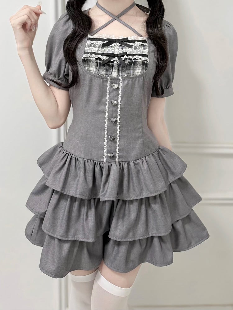 Jirai-Kei Gray Square Neck Halter Short Sleeve Gown with 3-Tier Ruffled Skirt - nekura