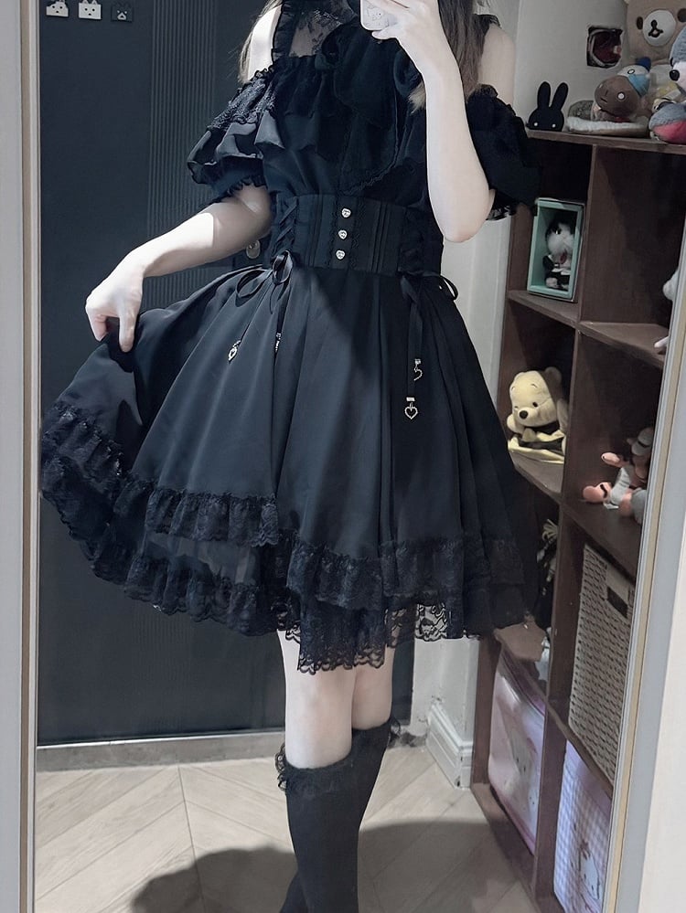 Jirai Kei Black Lace Trim High Waist Skirt - YoshiKi