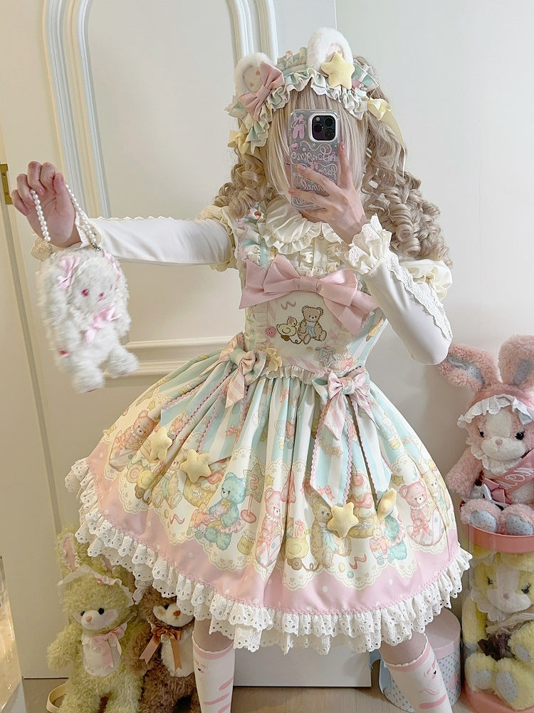 ピンクとグリーンのテディプリントのスイートロリータジャンパースカート