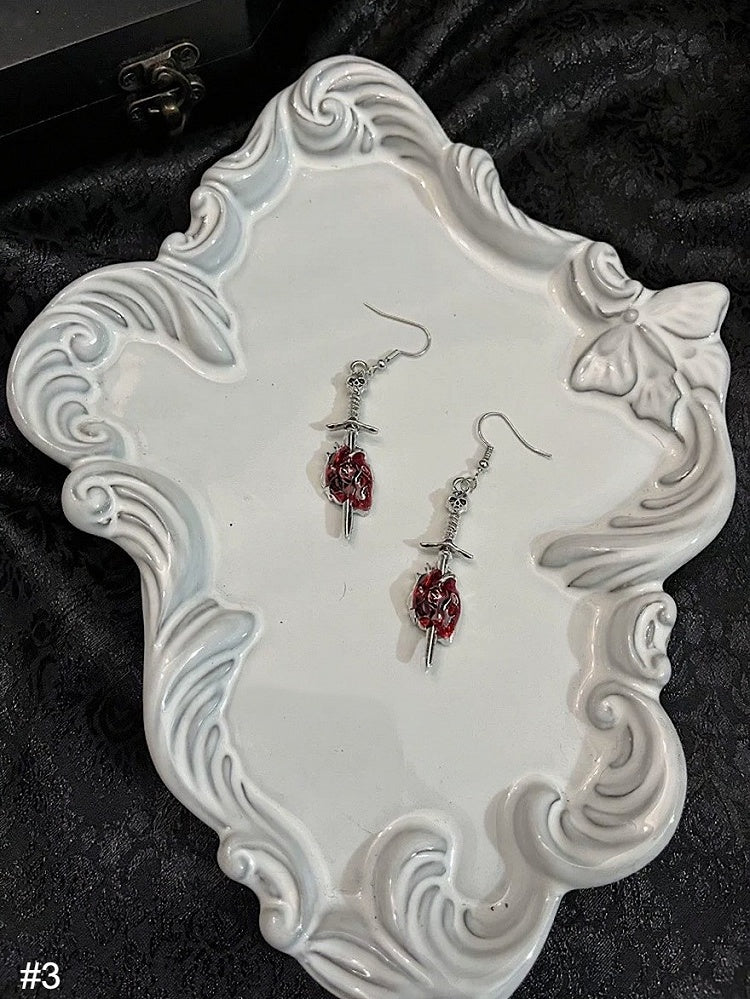 Gothic Red Heart Earrings Set of 3
