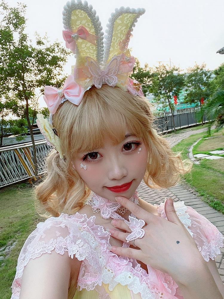 Yellow/BlackPink Ears Sweet Bunny Butterfly Bowknot KC Lolita Details Decorated