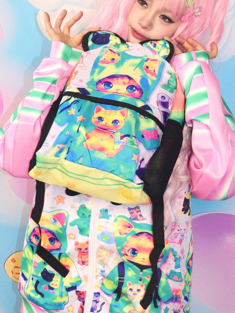 Backpack Green Cat Print Ears Y2K Bear