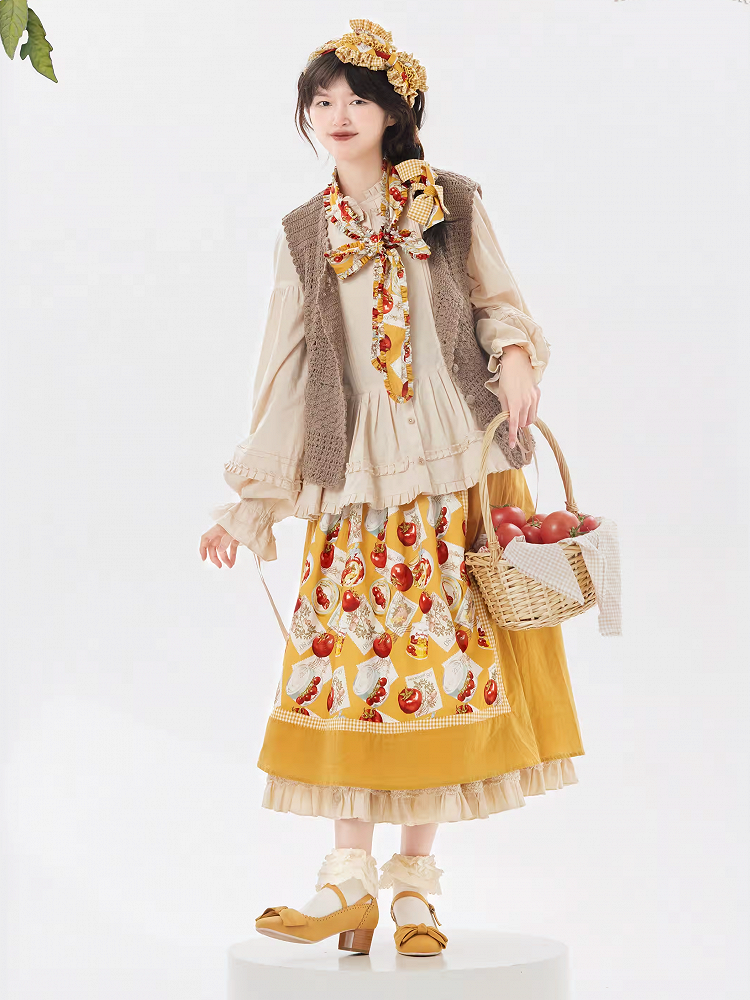 Loose Cotton Multi-Layer Ruffled Lolita Hem Elegant Skirt Beige