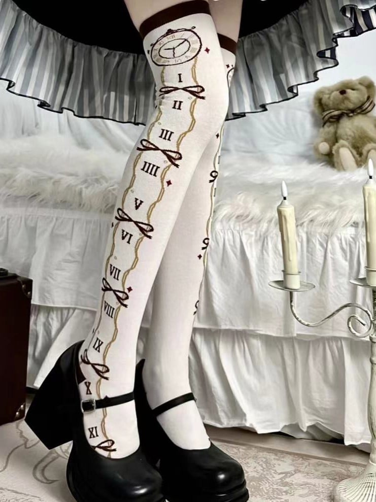 Clock Brown Over-knee Vibes Stockings Wonderland In Print Lolita Alice