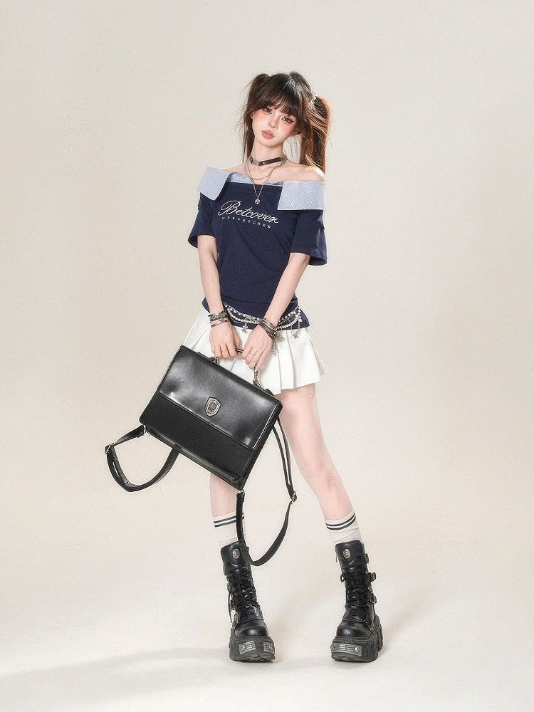 T-Shirt Foldover Navy Striped Neckline with Letter Blue Print Glamorous Collar - Asymmetrical