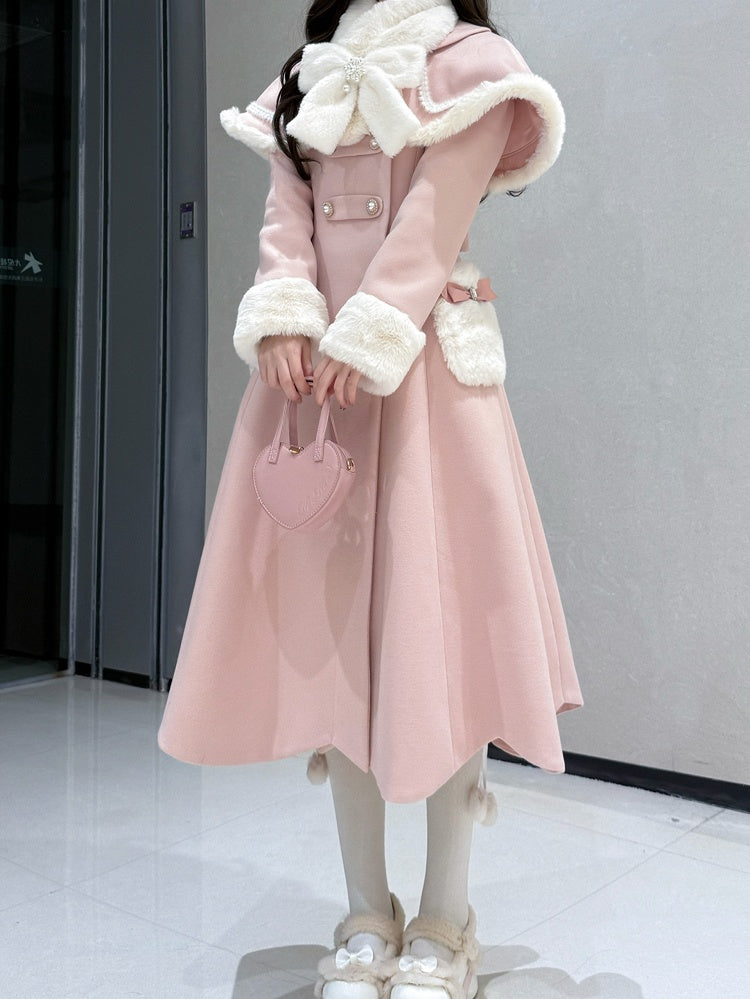 ピンクのケープ、スカラップエッジトリム、豪華な蝶結びスカーフ付きロリータコート