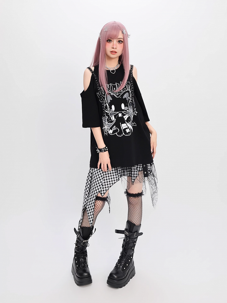 Cat Print Loose T-Shirt Y2K Black Cutout Shoulder Bittersweet