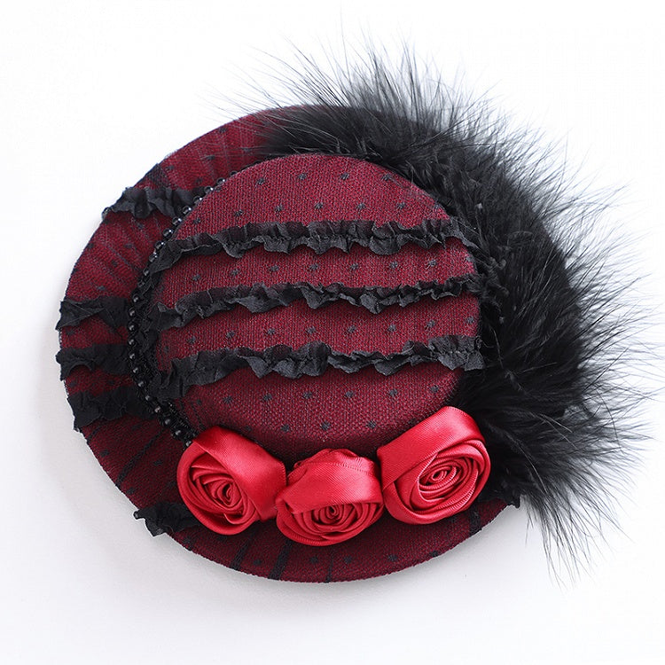 Red Feather Trim Hat and Lolita Mini Black Gothic Rose Embellishments with Lace