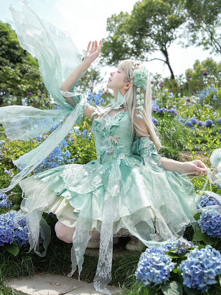 Green Chinoiserie Lolita Boning Corset JSK Dress with Bird & Floral Embroidery Patch - Misty Isle Letter