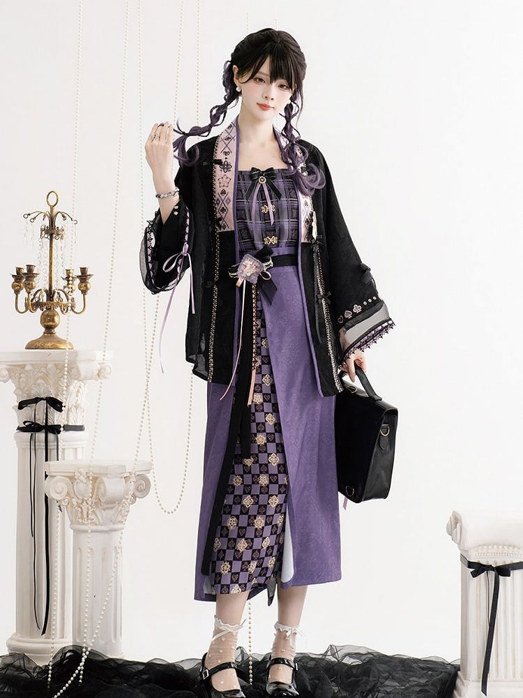 Chinese Hanfu Lolita Purple & Plaid Two-piece Song-style Skirt - Luo Xiu Dong Xiang