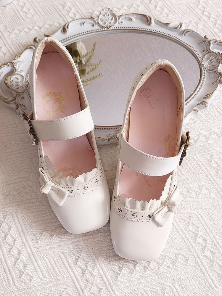 White Snap Mary with - Openwork Low-heel/Mid-heel Sophisticated Floral Design Janes Lolita