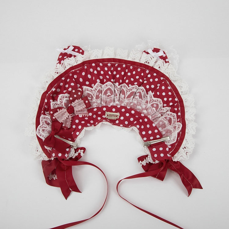 Ruffled Heart Red Bonnet Polka-Dot Lace Charm with Bunny-Ear