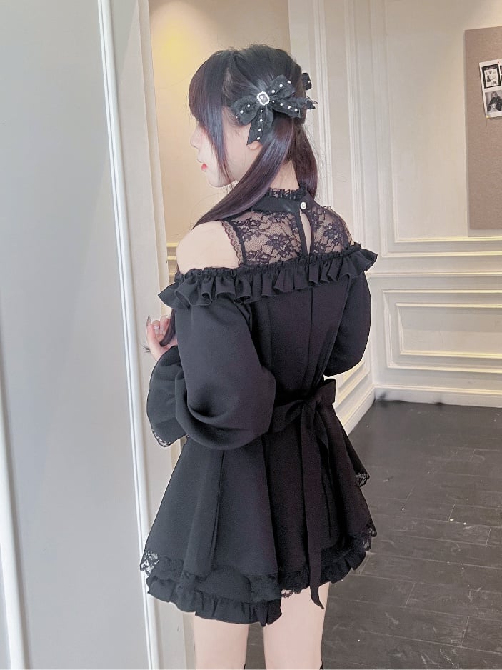 ジライケイイリュージョンフリルショーツ付きミニブラックスカート、カットアウトショルダードレス、ヘムネックラインセット