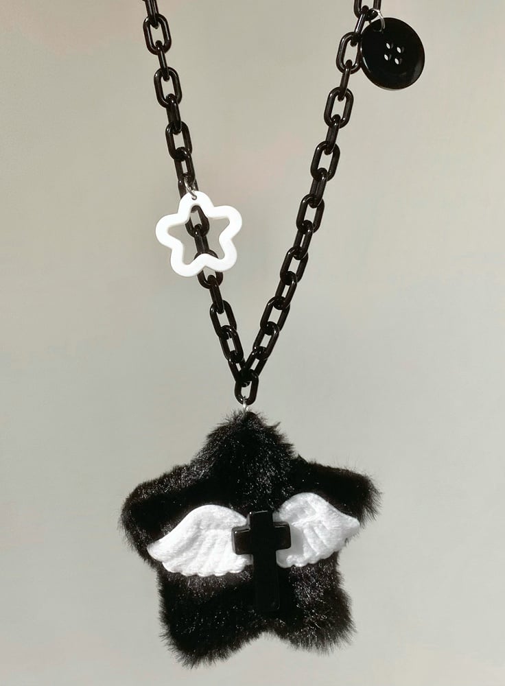Schwarz/Rosa/Blau Plüsch Stern Flügel Kreuz Anhänger Halskette