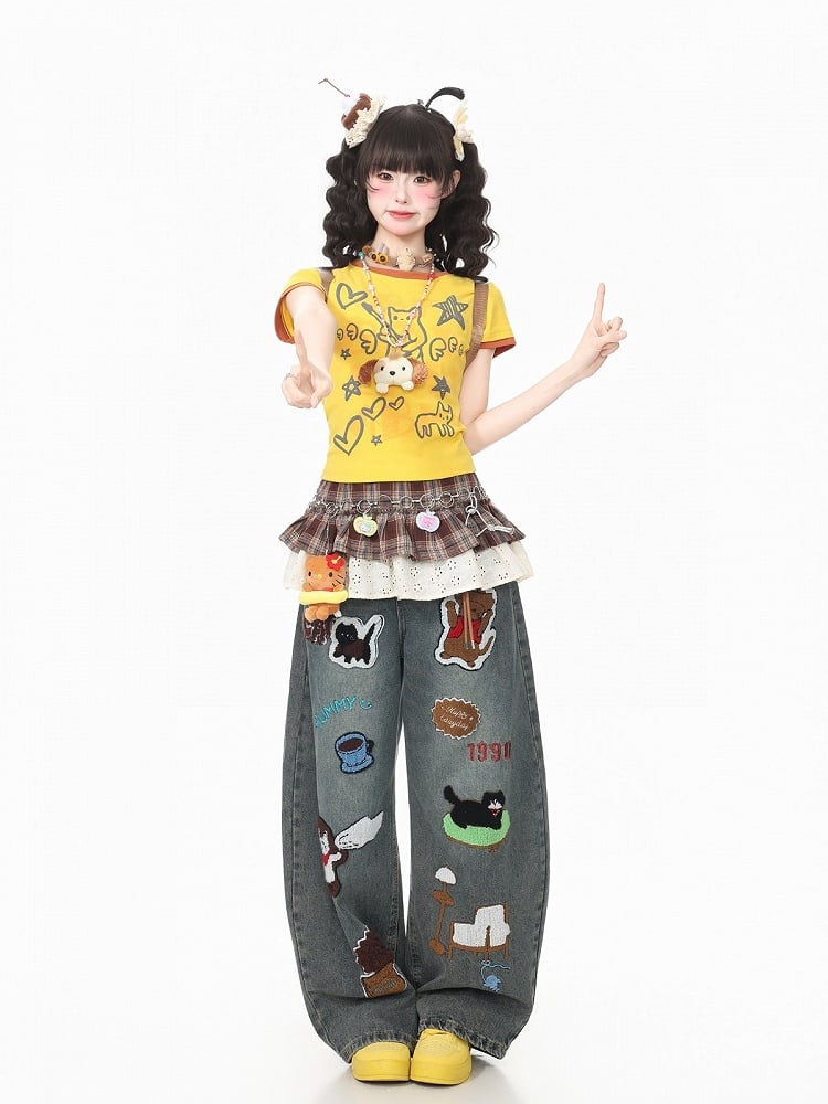 Yellow Crew Neck Short Sleeve T-Shirt with Graffiti Prints - Languid Park